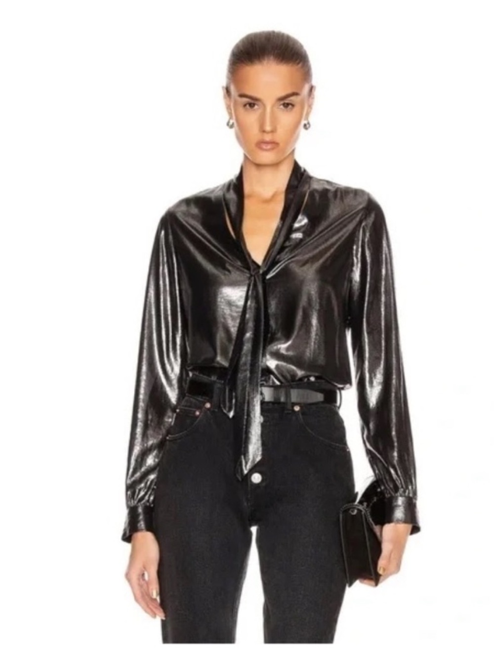 $375 L’Agence- Metallic Silver Longsleeve Gisele Necktie Blouse